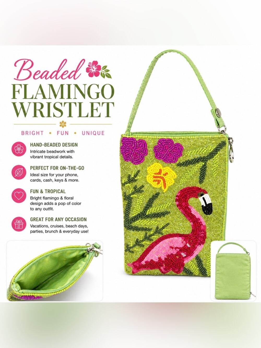Bamboo Trading Company Beaded Flamingo Wristlet Tropical Floral Mini Zip Pouch